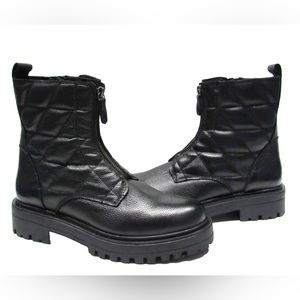 Alberto Torresi Black Moto Lug Combat Boots Leather Quilted Lined Side Zip